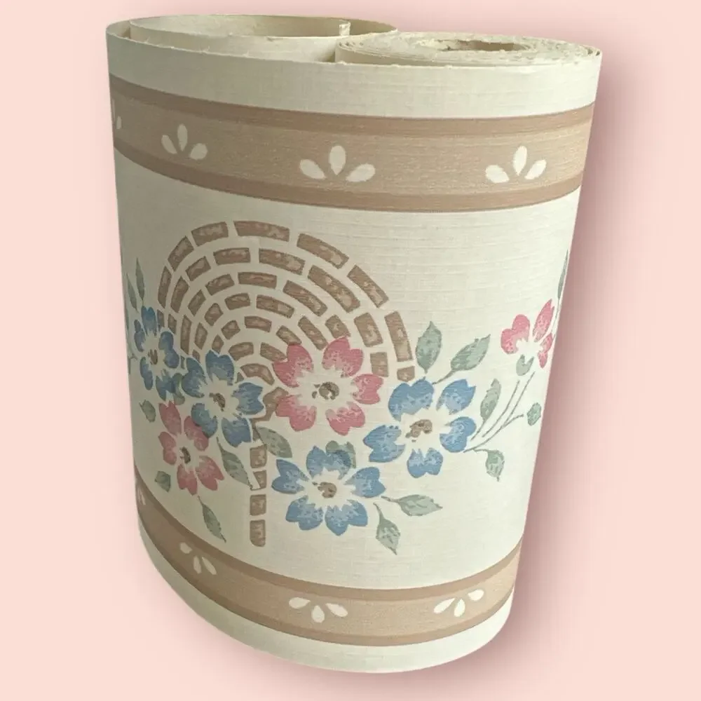 Vintage Wallpaper Border Vinyl Paper Pink Blue Flowers 5 Yds Neutral Cottage
